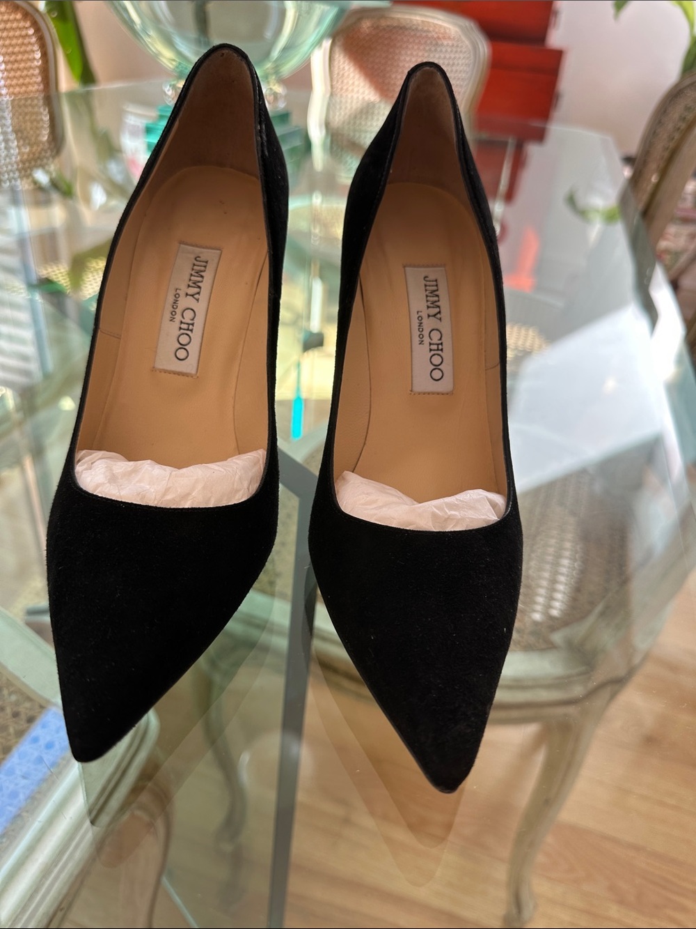 Jimmy Choo Abel Black Suede Pointed Pumps. Heel 90 ml in shiny black 
Size 38
